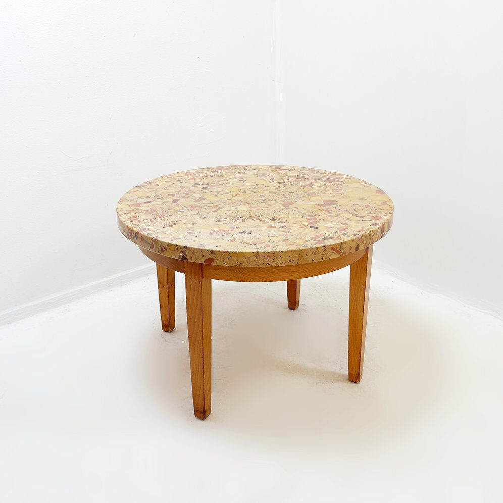 Round wooden coffee table with Aleppo breccia marble top - 1950s