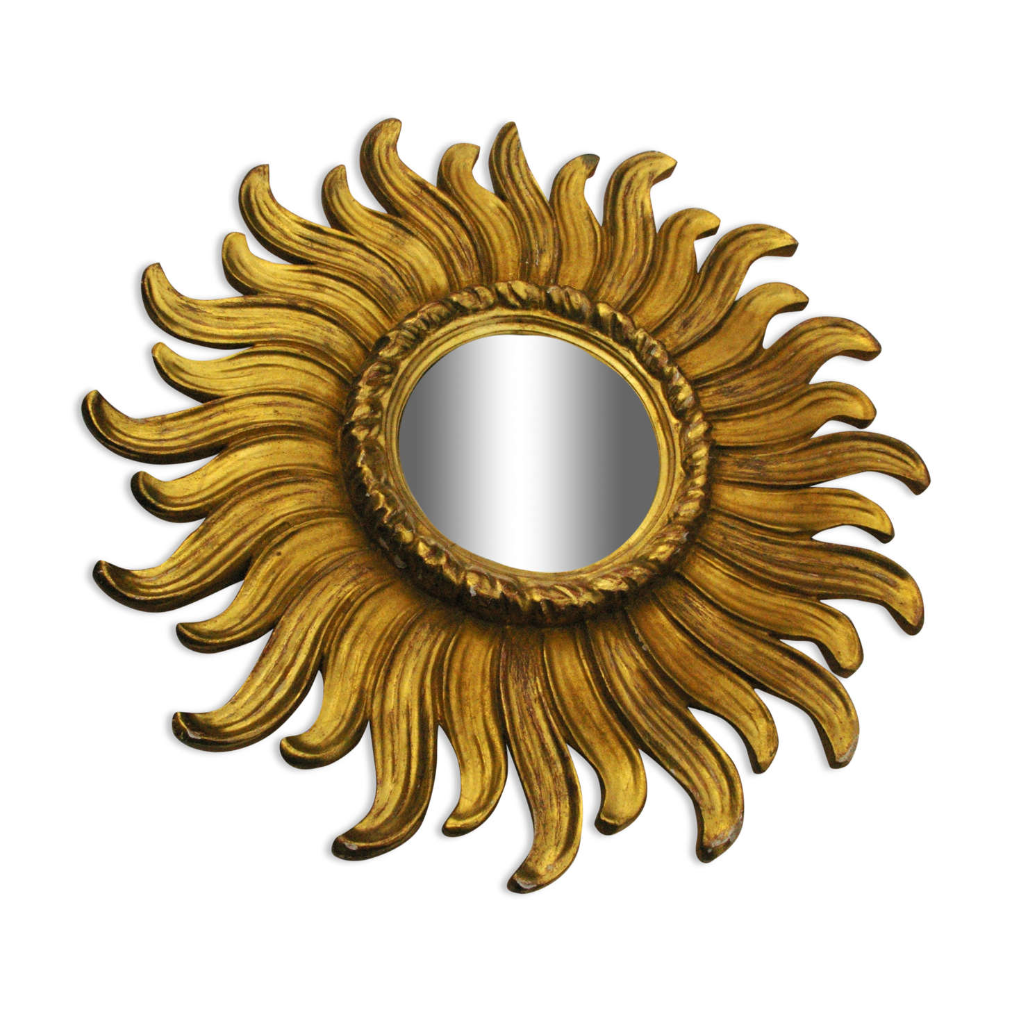 Old mirror sun domed golden wood "witch's eye"