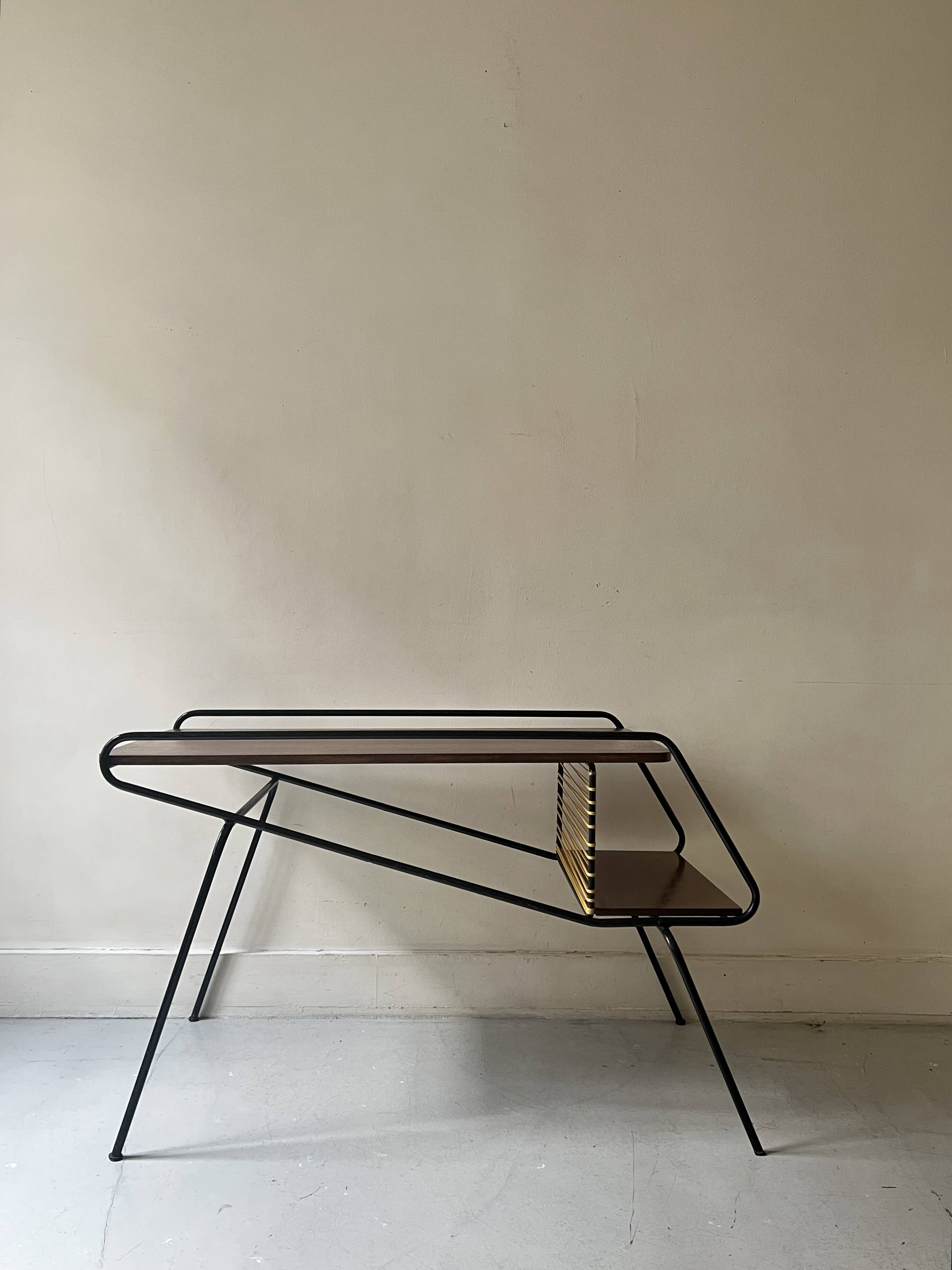 Modernist TV/Hifi table in wood & metal by J. Hitier, French design 1950.