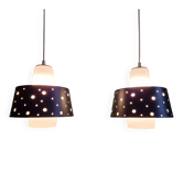 A pair of Scandinavian pendant lights in white opaline and black lacquered metal, 1960.