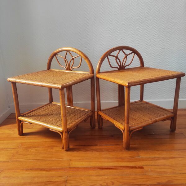 Paire de tables de chevet vintage en rotin- bouts de canapé