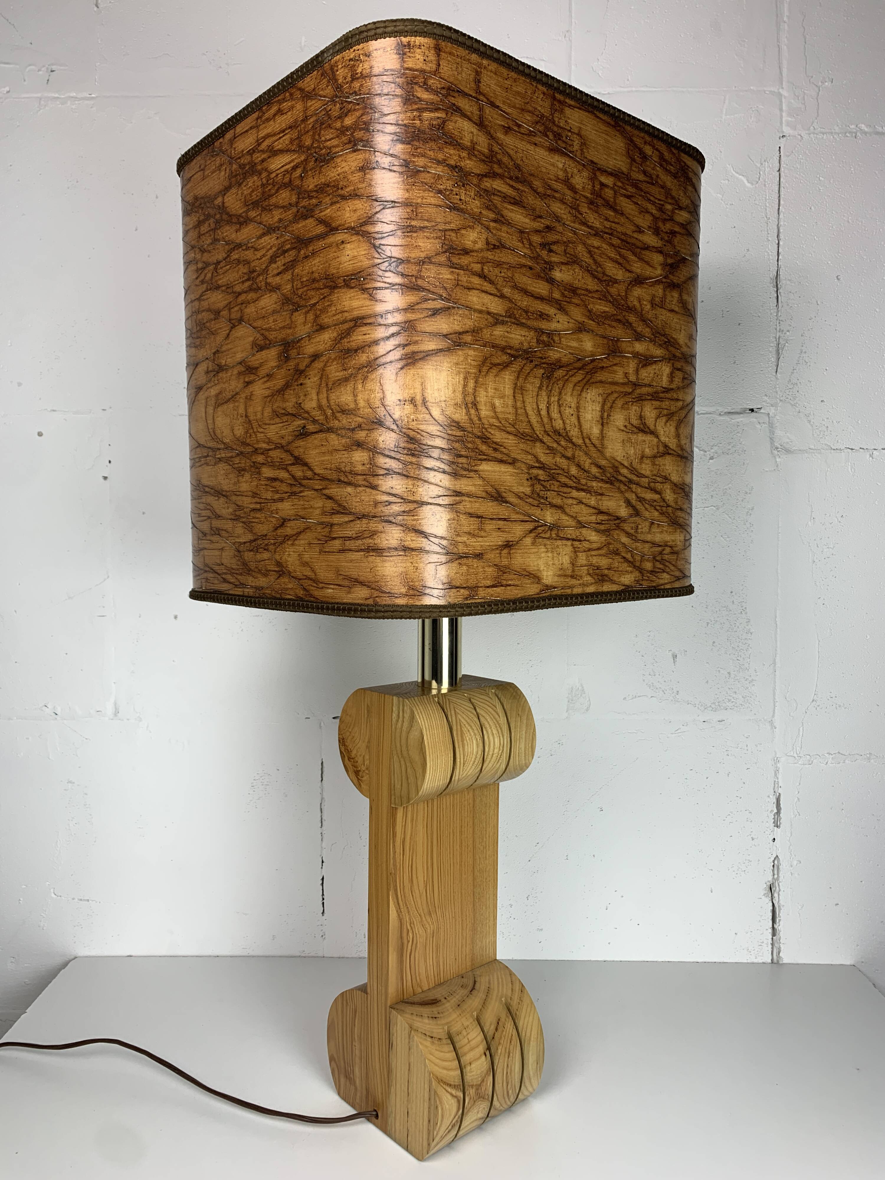 Midcentury Italian sculptural large table lamp with wood veneer shade