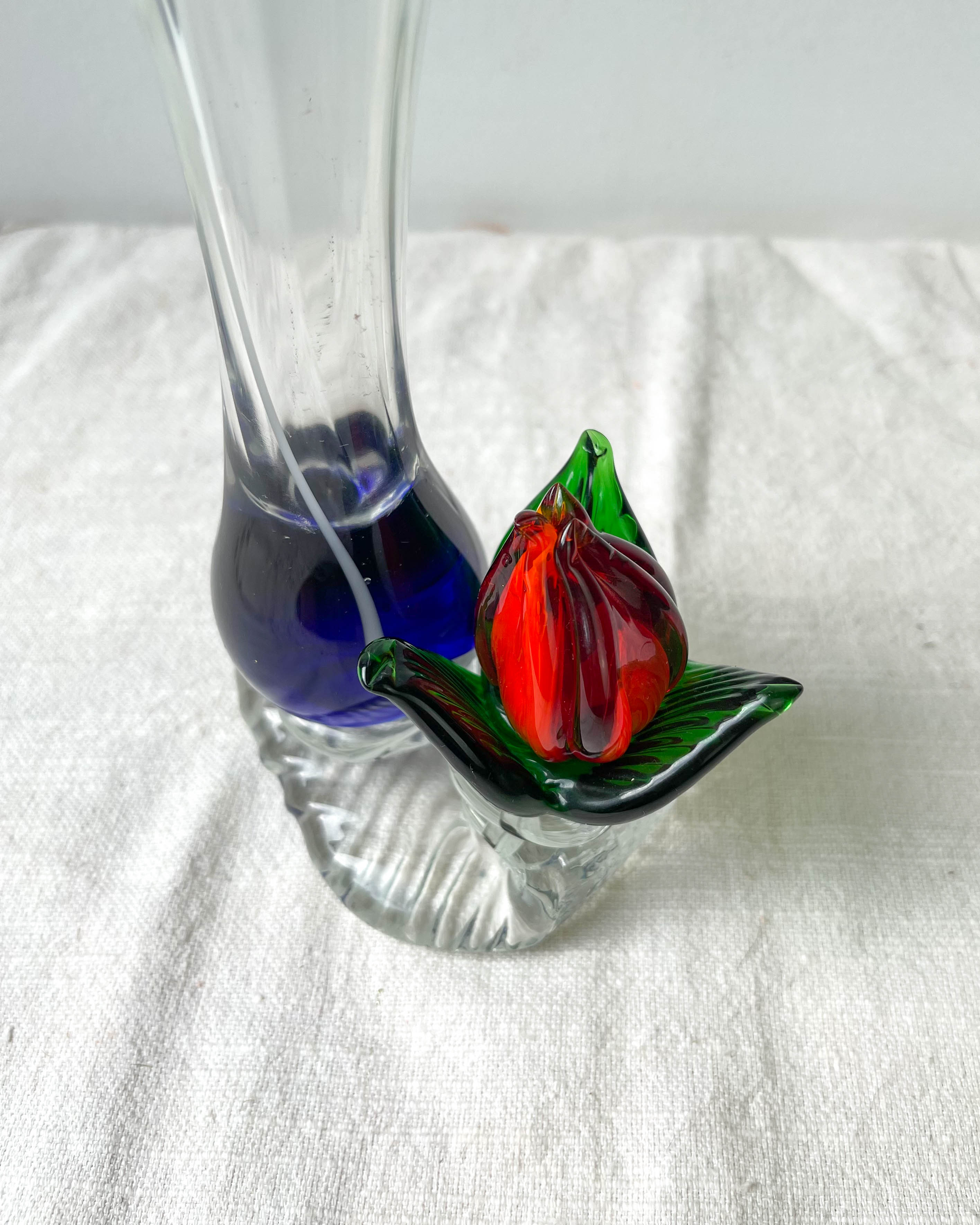 Blue red Murano glass vase with blown flower