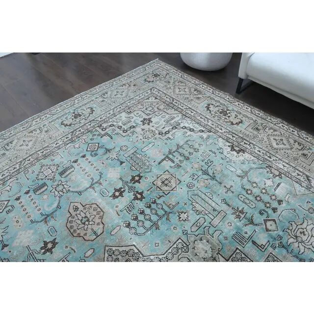 1970s Vintage Persian Handmade Wool Cotton Light Blue Area Rug 285x383
