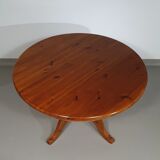 70s pine wood dining table / wood column leg table in 4-leg design with round top