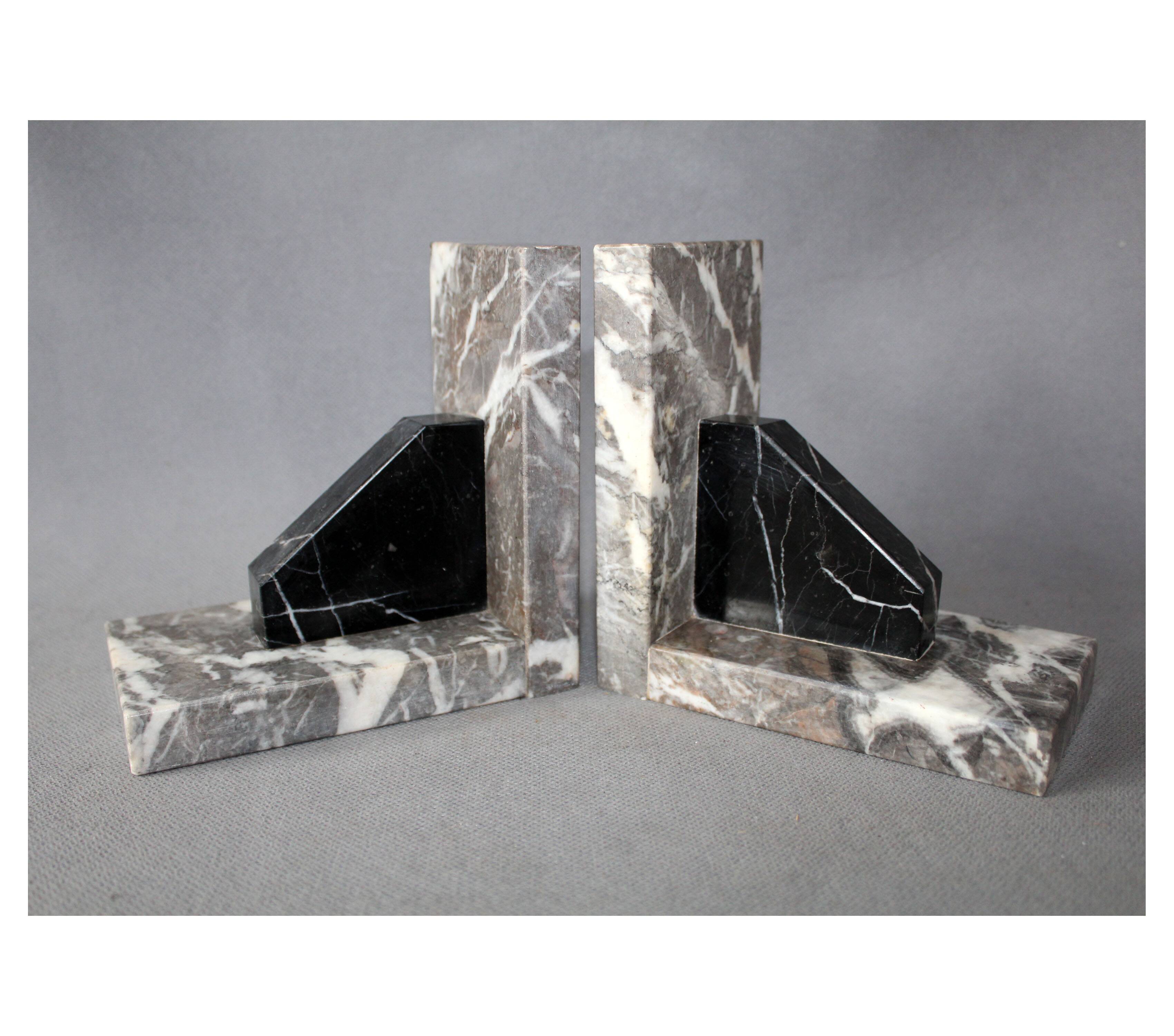 Set of 2 vintage Art Deco bookends in grey, black, and white marble