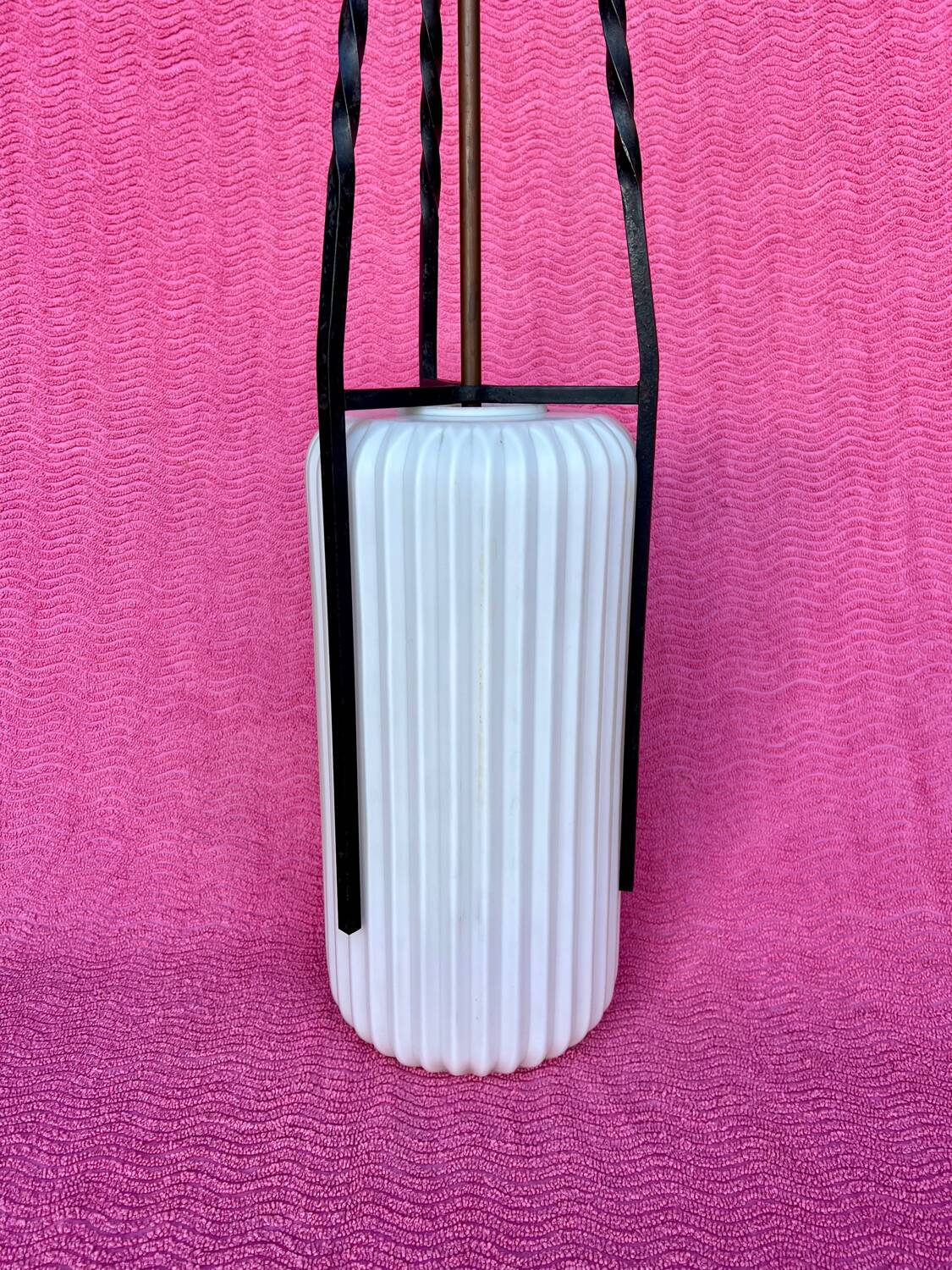 LAMP/IRON SUSPENSION FORGED OPAQUE WHITE GLASS CYLINDRICAL TUBE