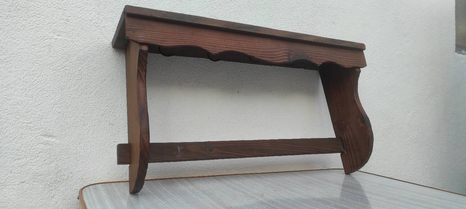 Shelving shelf pot holder vintage kitchen storage in rustic fir
