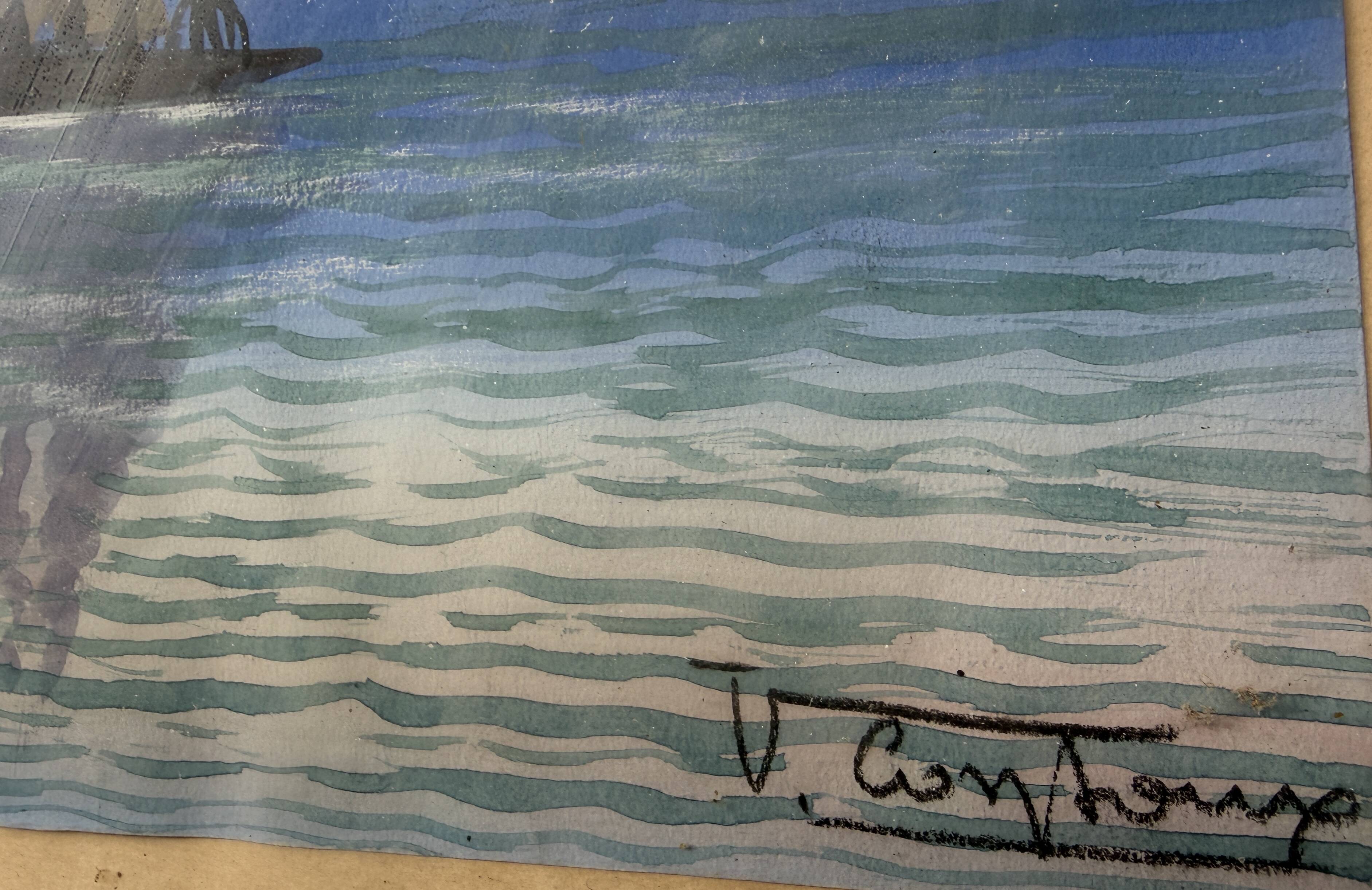 Marine at Sunset - Victor Contoux (19th Century) - Original Gouache