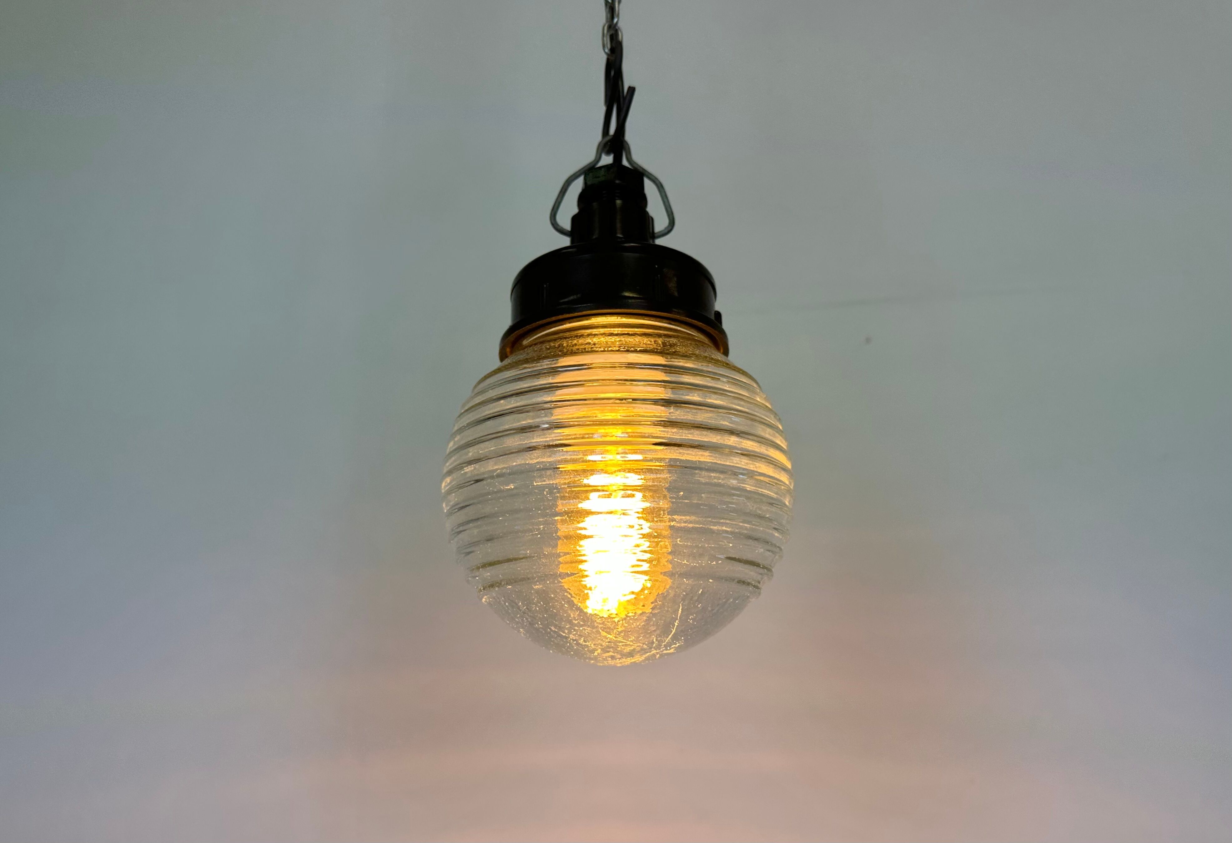Industrial bakelite pendant light with ribbed glass, 1970s