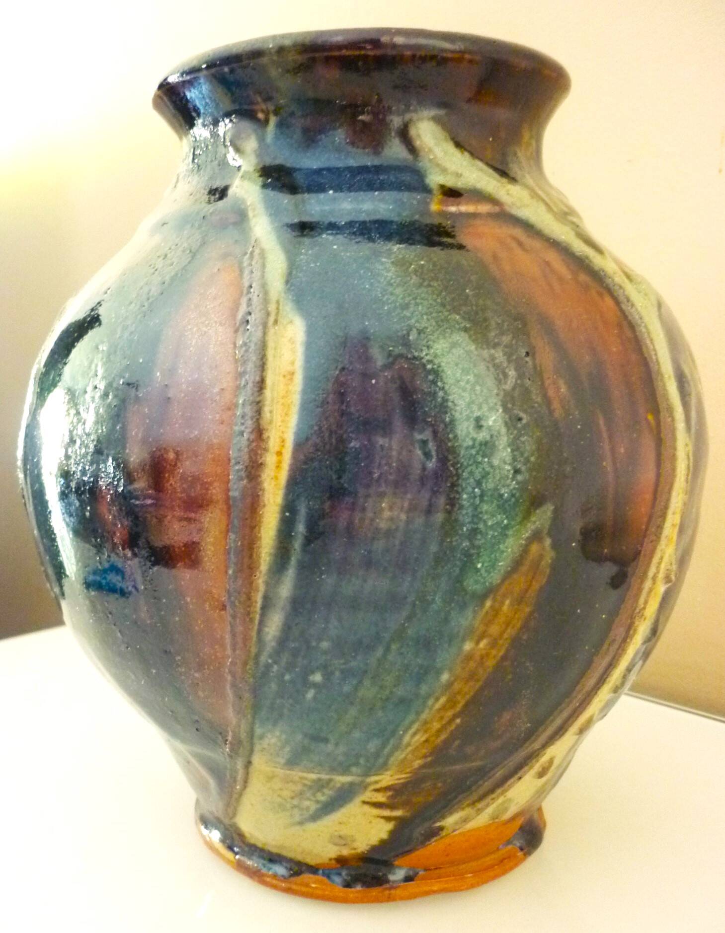 Ceramic vase, glazed stoneware, floral decoration, signature to be identified