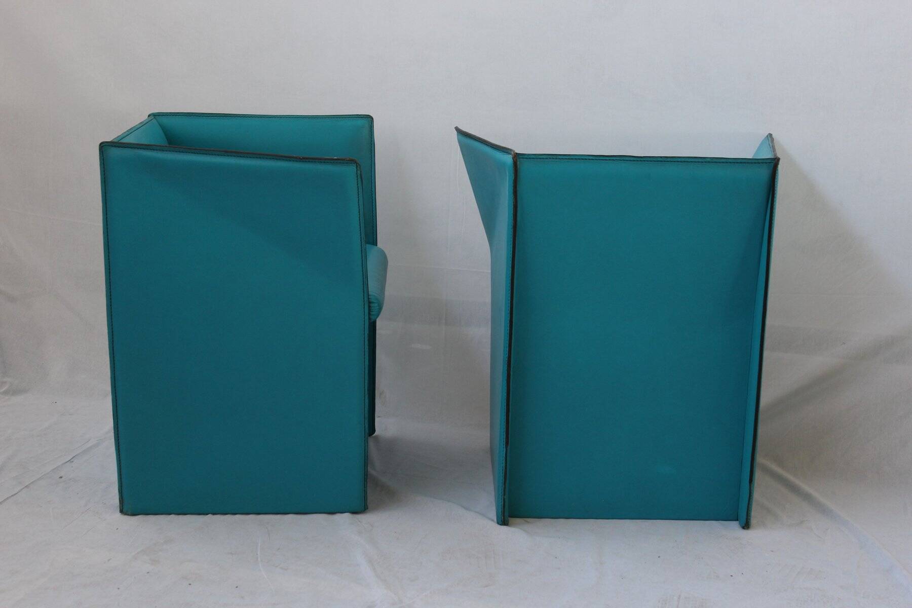 Set of Turquoise Leather Armchairs by Tito Agnoli, Italy, 1970s