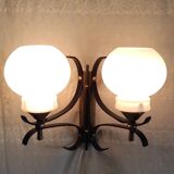 Opaline double globe wall lamp, wrought iron and brass - 50s/60s