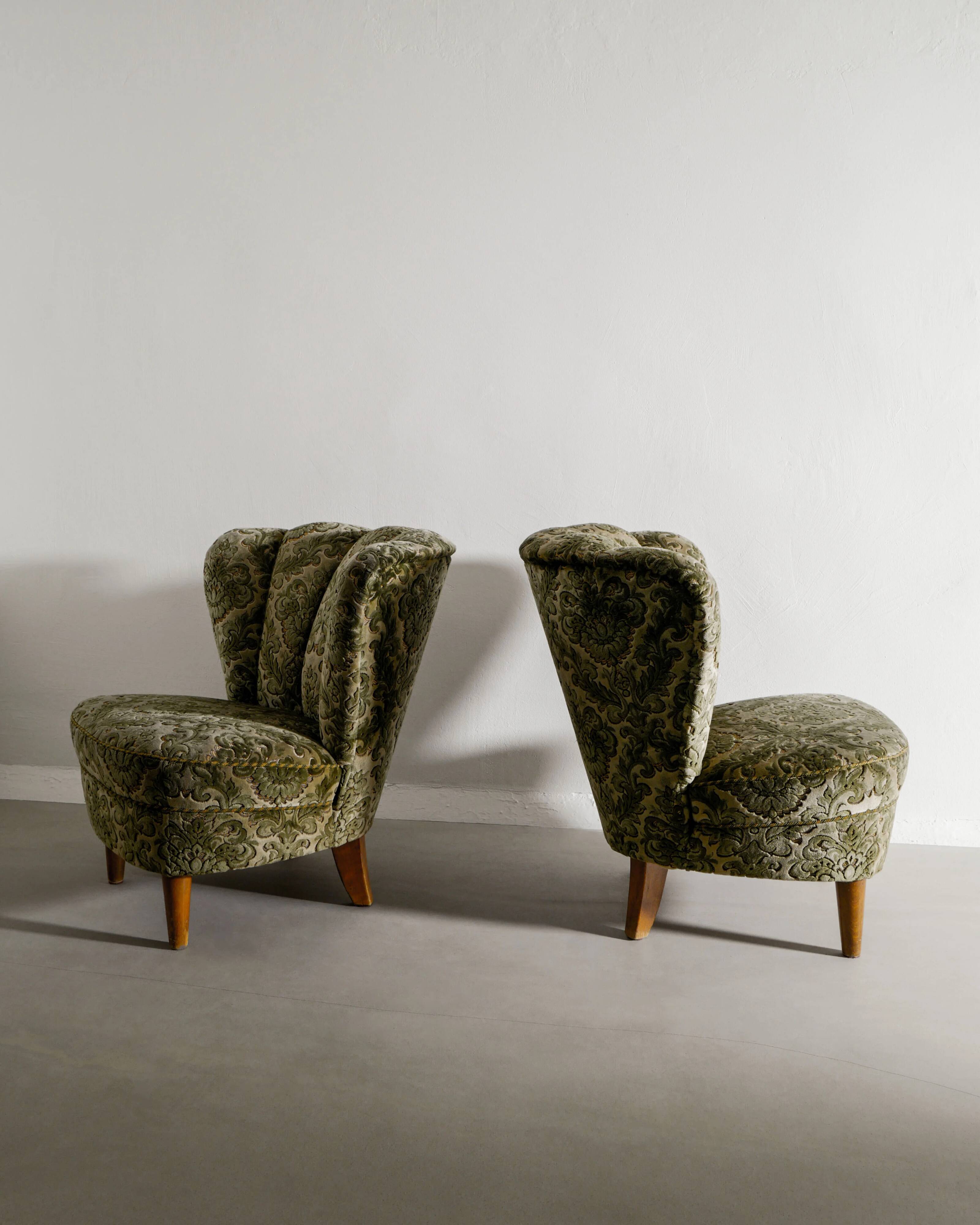 Vintage Swedish Modern Green Floweral Armchairs, 1940s