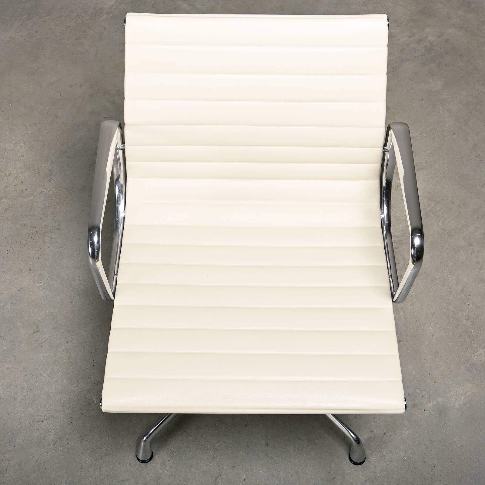 Charles & Ray Eames EA108 Dining Chair in Polished Aluminum and White leath