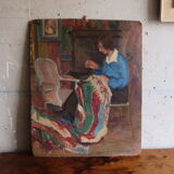 Oil on panel woman weaver