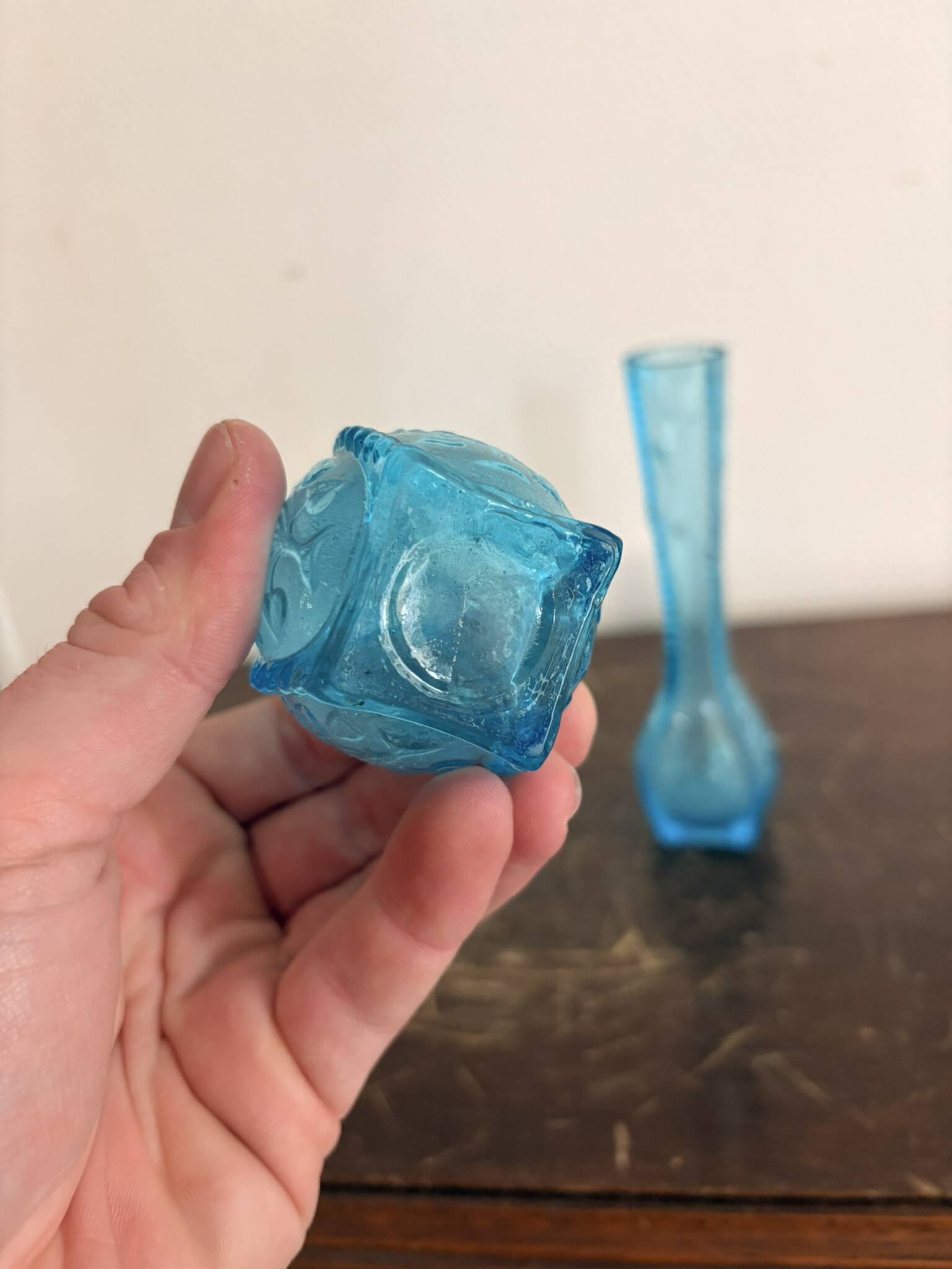 Antique Pair of Soliflore Vases Moulded Pressed Glass Blue Opaline Sapphire 19th Century