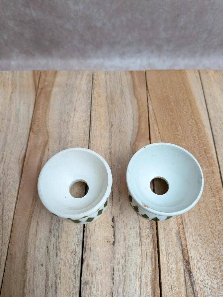 Set of 2 antique egg cups in ironstone – Diabolo shape – Green diamond pattern