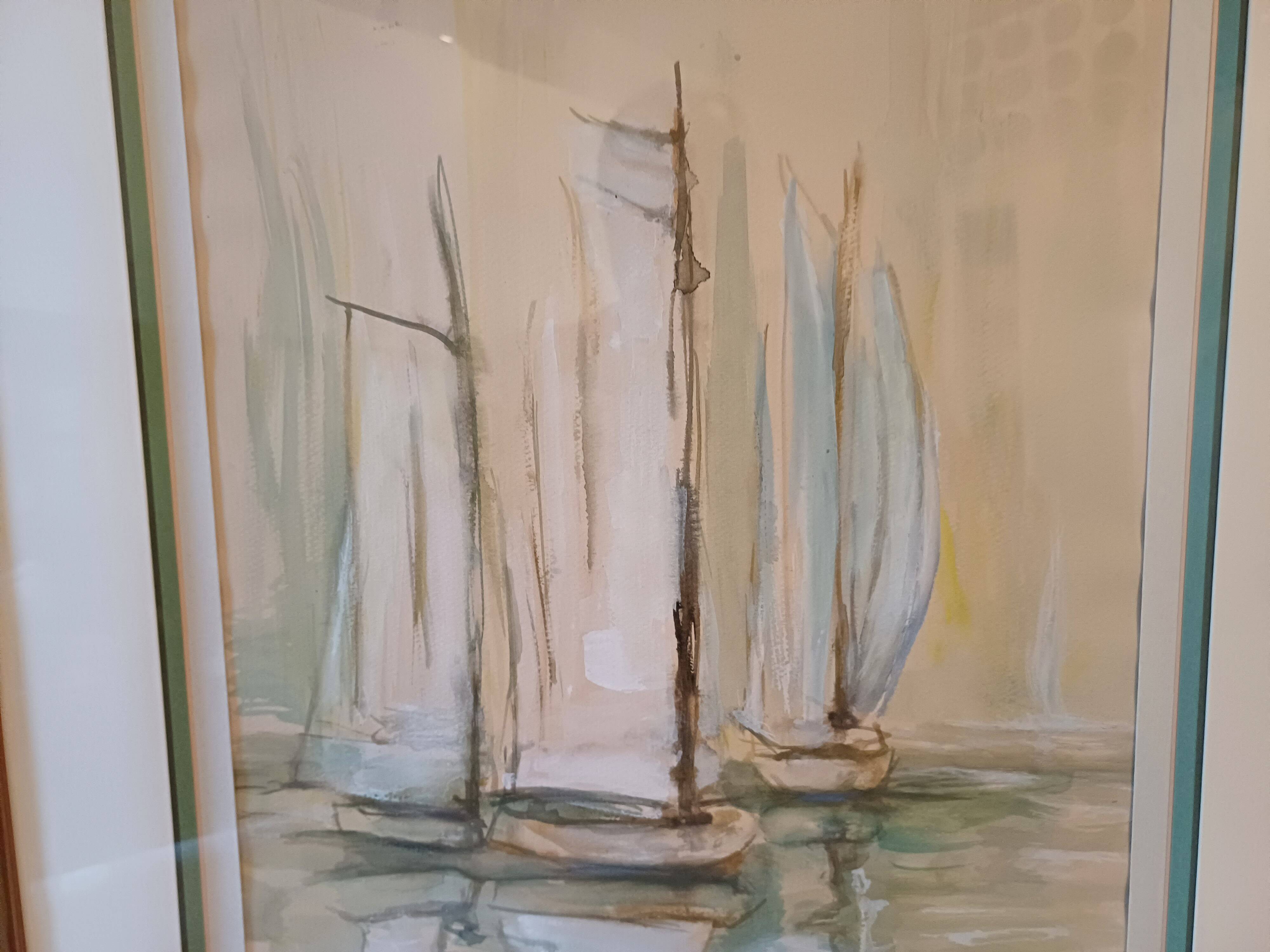 Marine Watercolor with 3 Boats