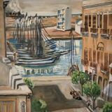 Watercolor on paper representing a street and a port by Vanier