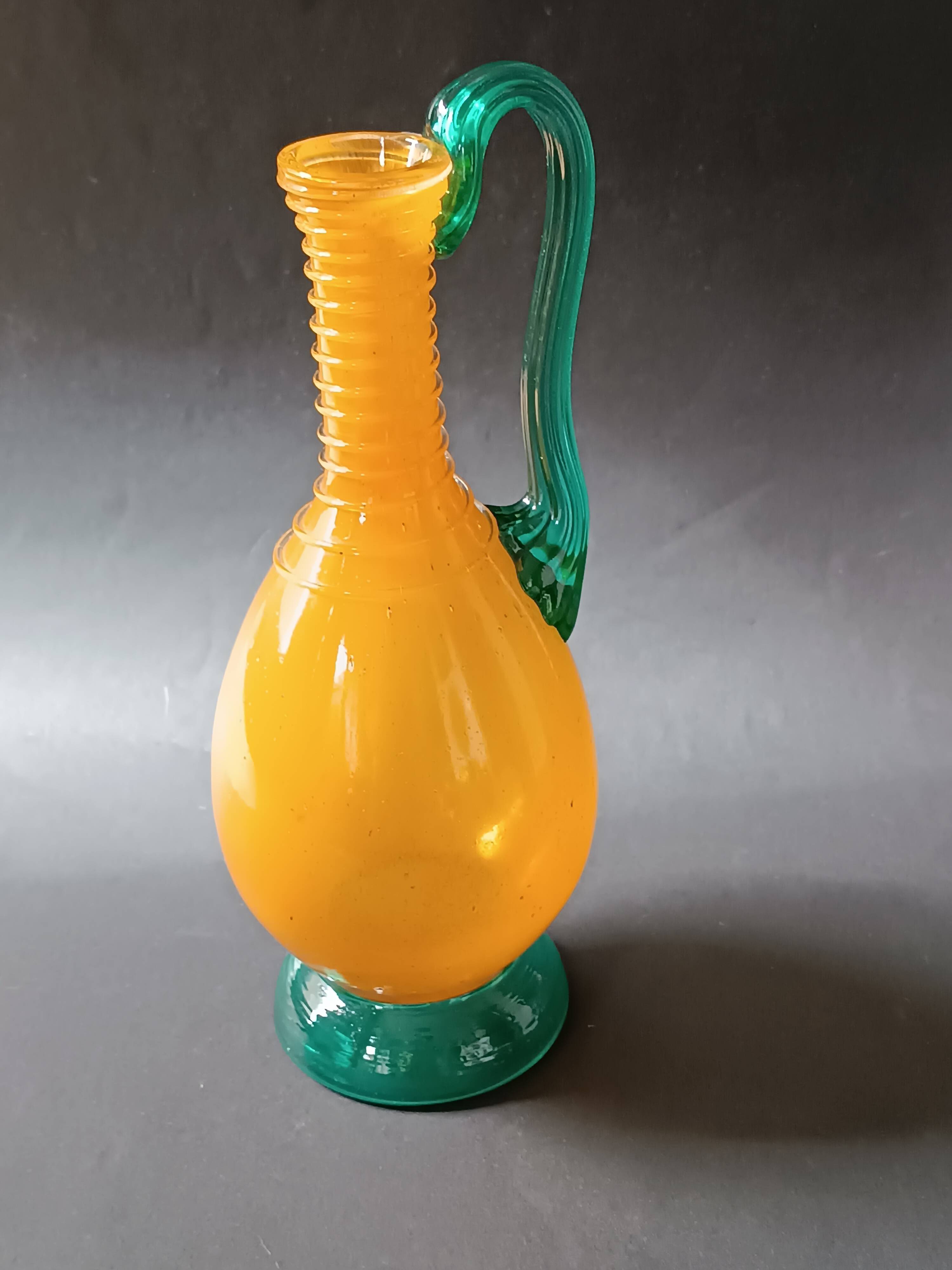 Vintage orange and green blown glass bottle, art glassware