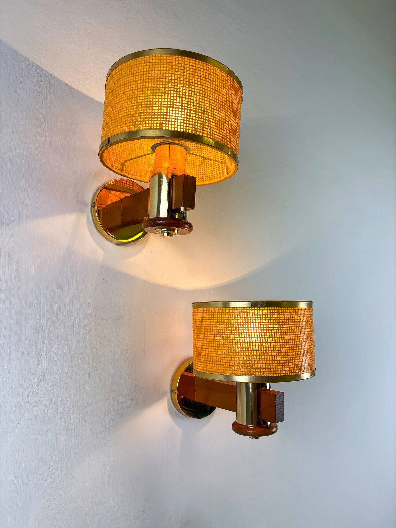 Pair of vintage rattan & wood wall sconces, Italy, circa 1970s