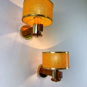 Pair of vintage rattan & wood wall sconces, Italy, circa 1970s