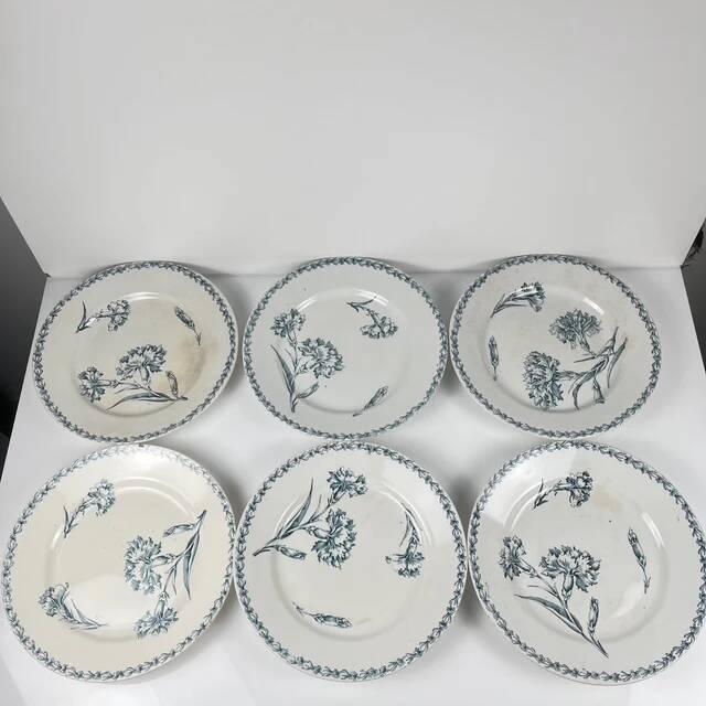 Set of 6 flat plates model "Oeillet", KG Lunéville, ironstone, 19th century