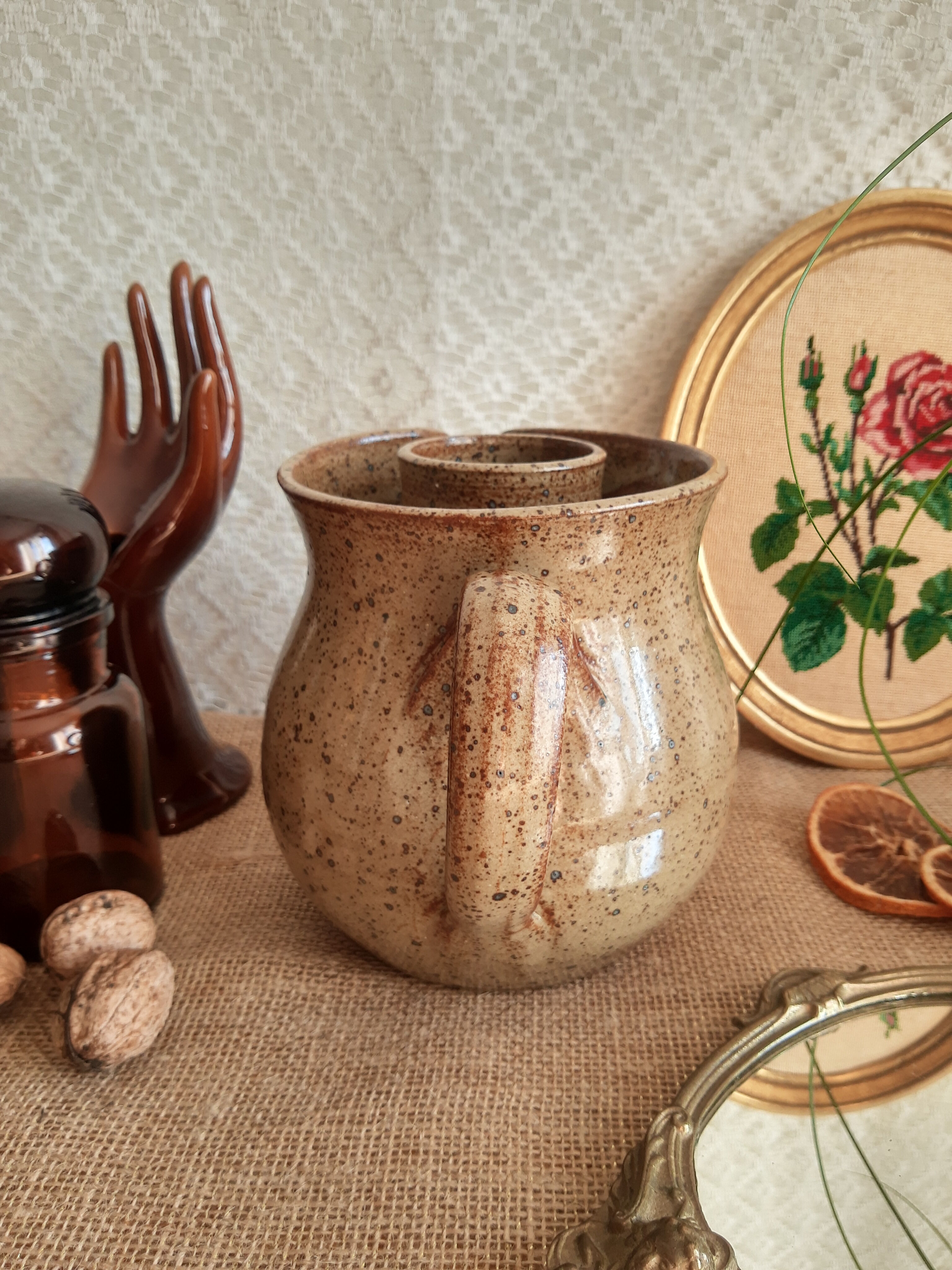 Enamelled stoneware decanter / pitcher with ice cube reserve - vintage