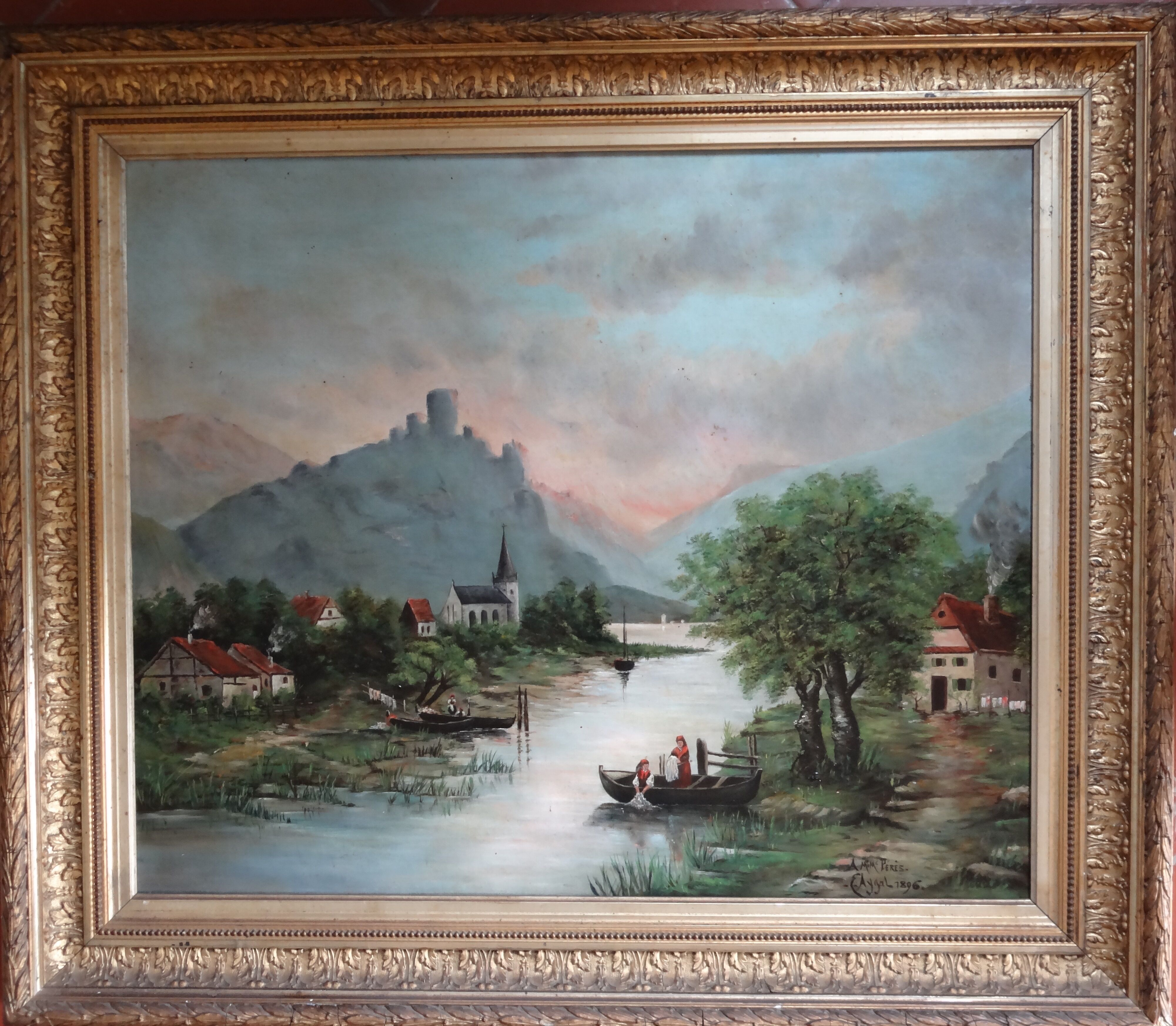 Animated landscape, washerwomen by the river, 81 x 70 cm, Oil on canvas XIXth by E. AYGAL