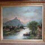 Animated landscape, washerwomen by the river, 81 x 70 cm, Oil on canvas XIXth by E. AYGAL