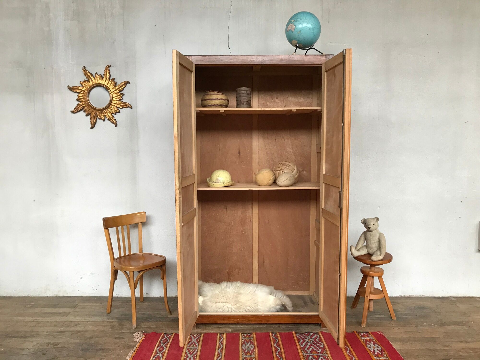 Old cabinet or wardrobe in fir from the 1950s 1960s vintage design