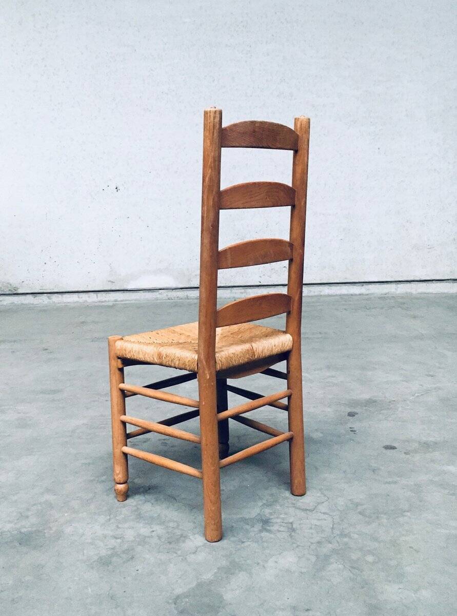 Rustic Oak and Rush High Ladder Back Dining Chairs, Belgium, 1950s, Set of 6