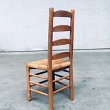 Rustic Oak and Rush High Ladder Back Dining Chairs, Belgium, 1950s, Set of 6