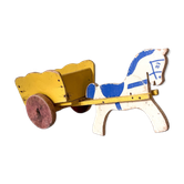 Horse cart and cart, old wooden pull toy.