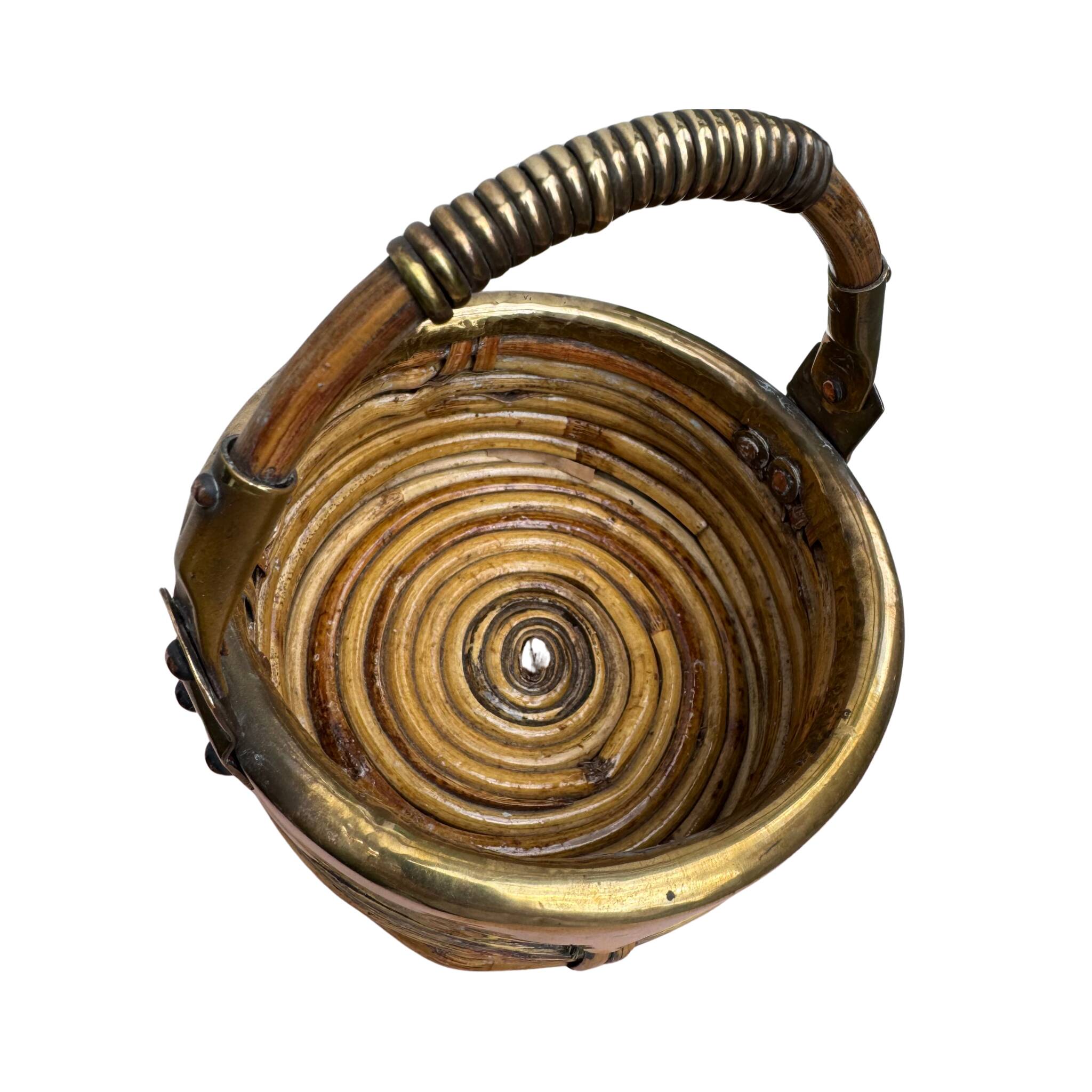 Rattan & Brass Handled Basket | Round Handle Basket | Italy 1970s