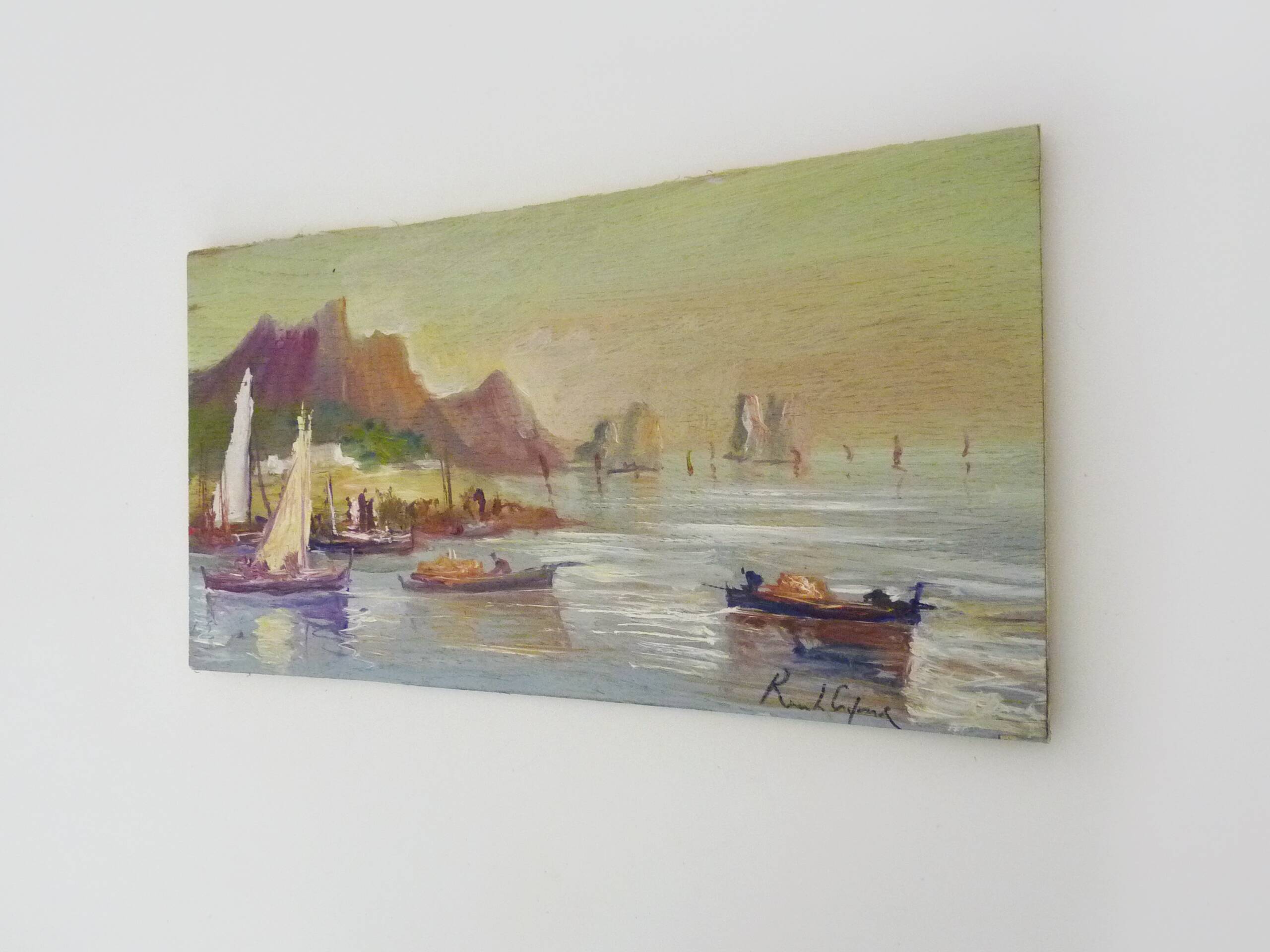 Oil on wood by Riccardo Capone fishermen Italy 50s 60s