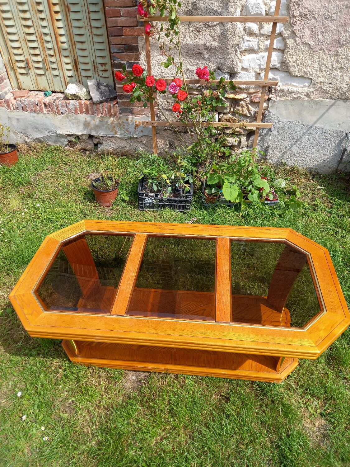 Vintage glass and wood coffee table