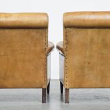 Set of 2 Large Vintage Sheepskin Leather Armchairs