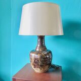 Lampe en terre cuite à glaçure et coulure brun, aucre et beige foncé. Quimper, France 1960