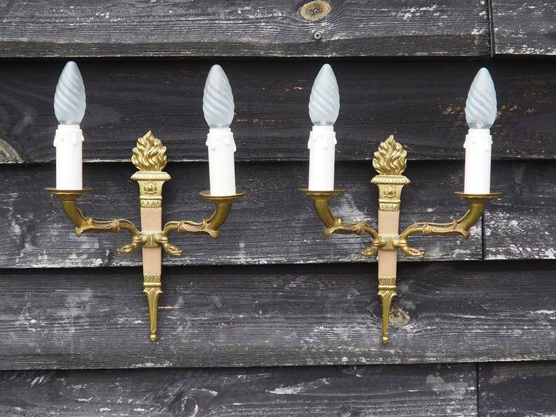 Vintage French Empire Sconces: Gilt Bronze, Salmon Column Double Arm Light