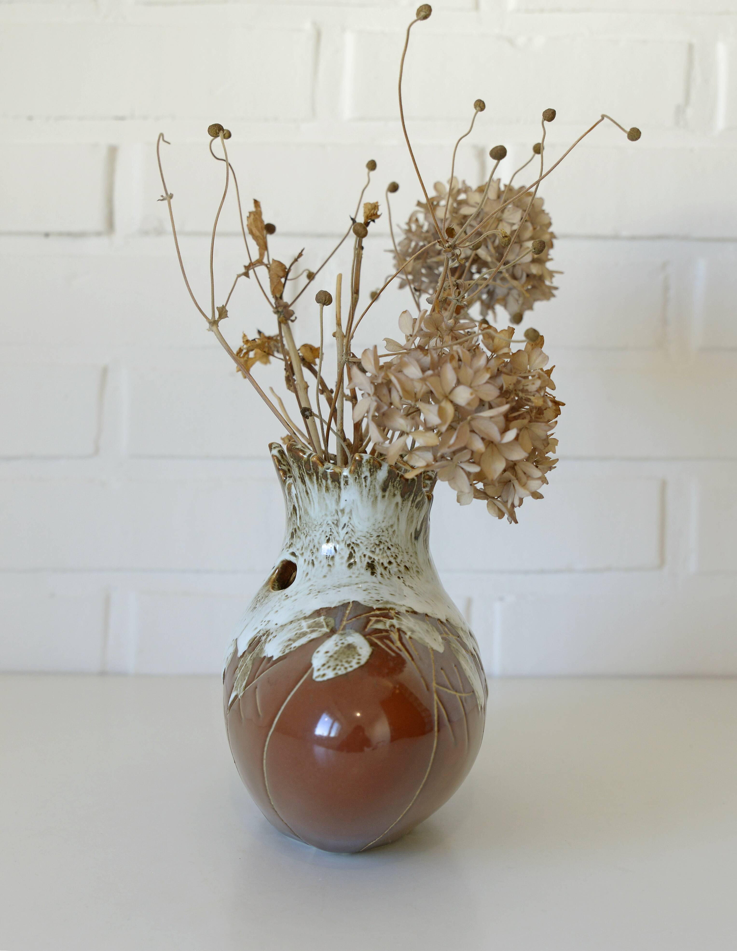 Vintage Brown Bud Fat Lava Ceramic Flower Art Vase Handmade Home Decor 1970