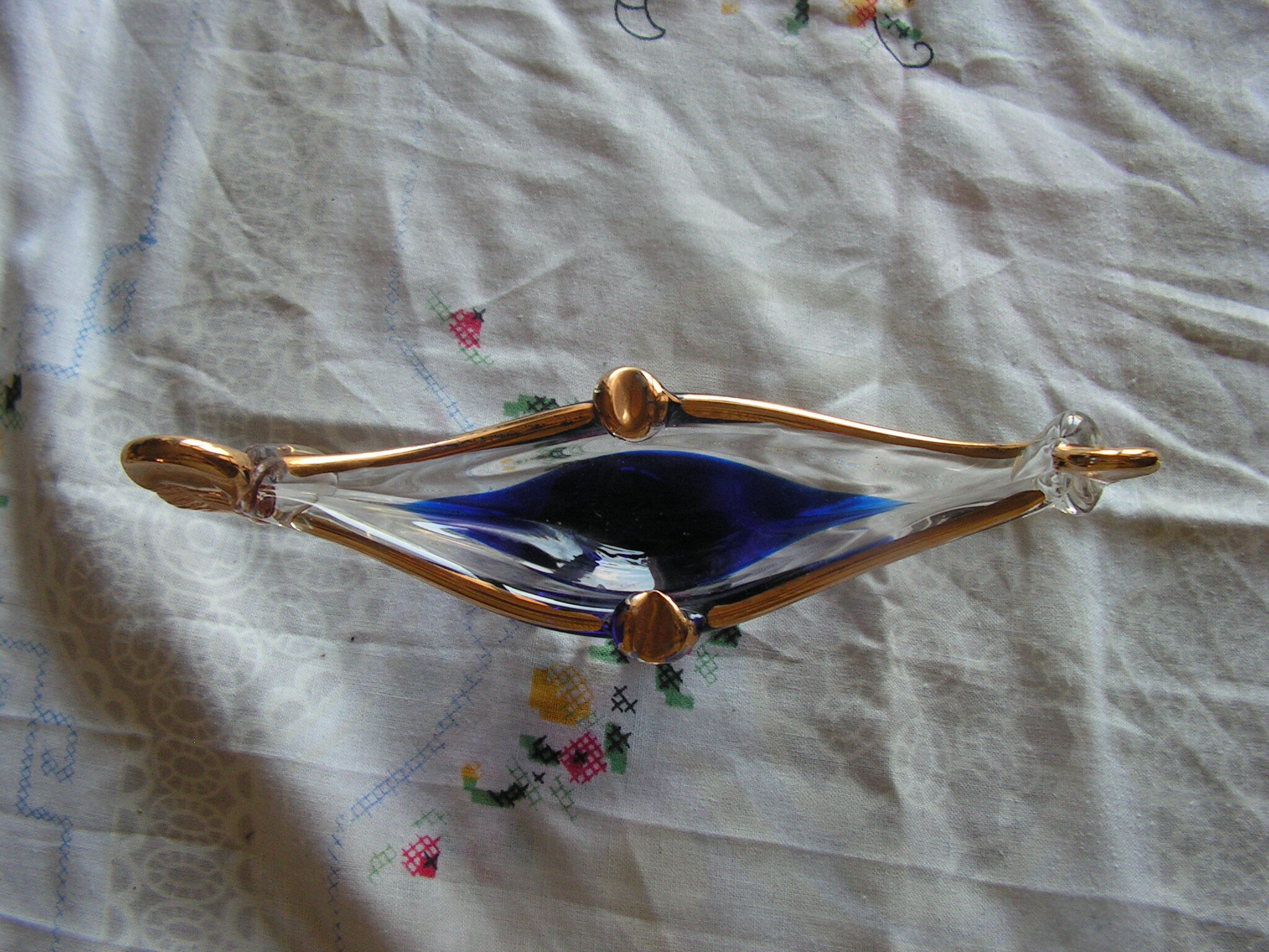 Blue glass and gold Murano canoe ashtray