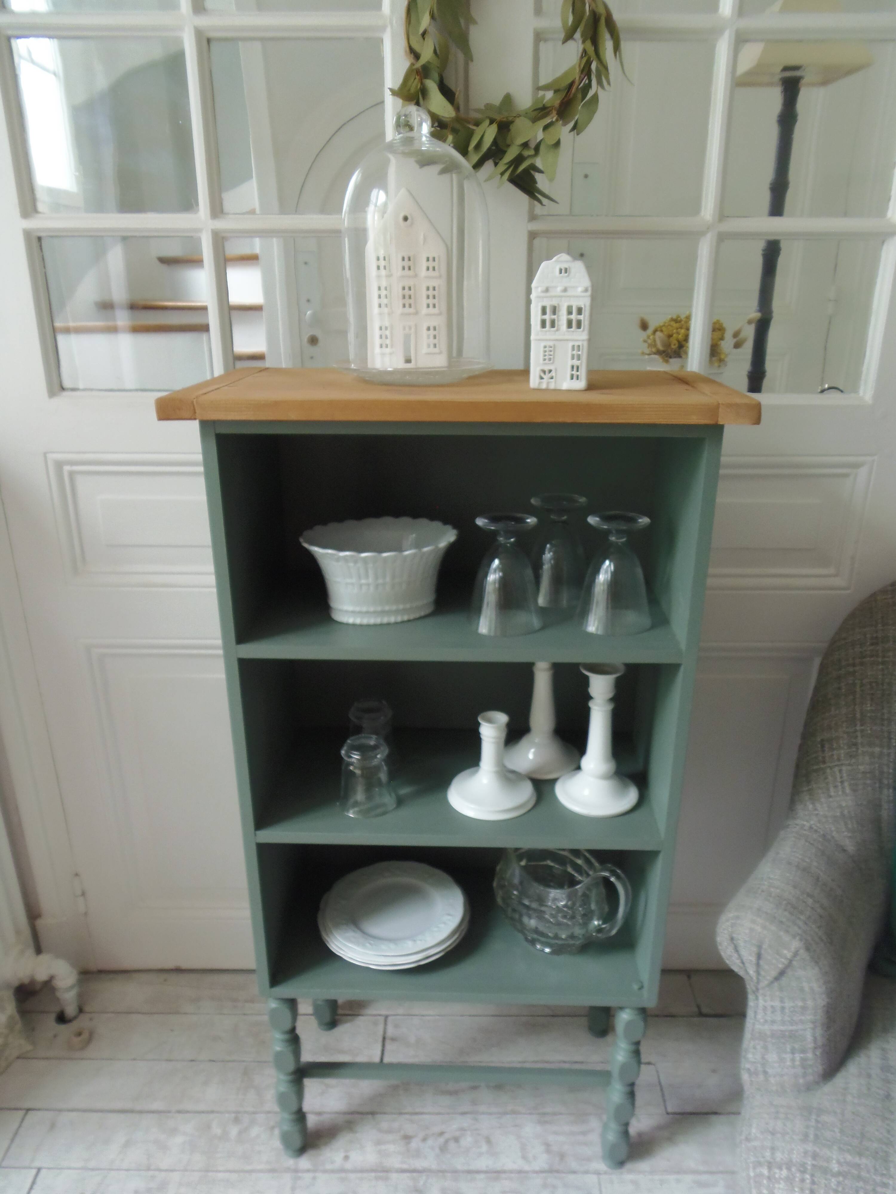Small vintage bookcase enhanced in smoky green