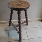 Solid wood stool with patinated varnished tripod legs