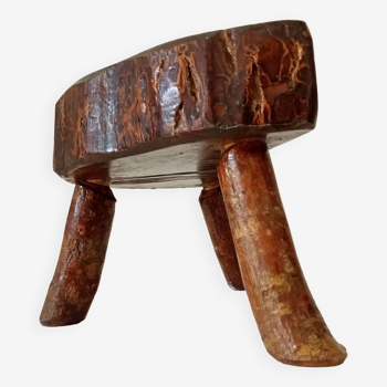 Vintage brutalist tripod stool in solid olive wood