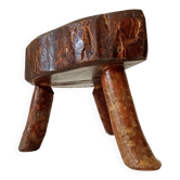 Tabouret tripode brutaliste vintage en bois massif d'olivier