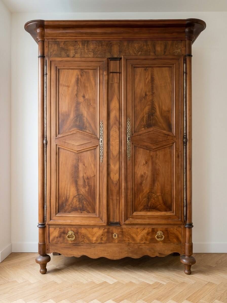 Large antique wooden wardrobe with drawer.