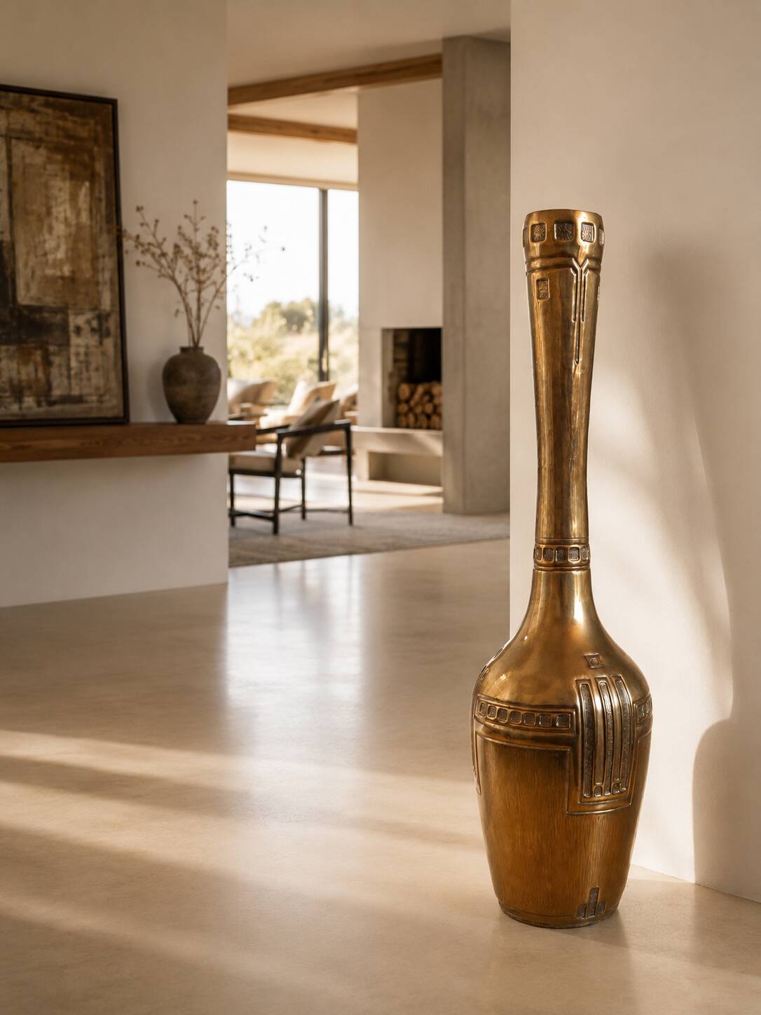 Large brass vase – sculptural piece – geometric decor – 64.5 cm