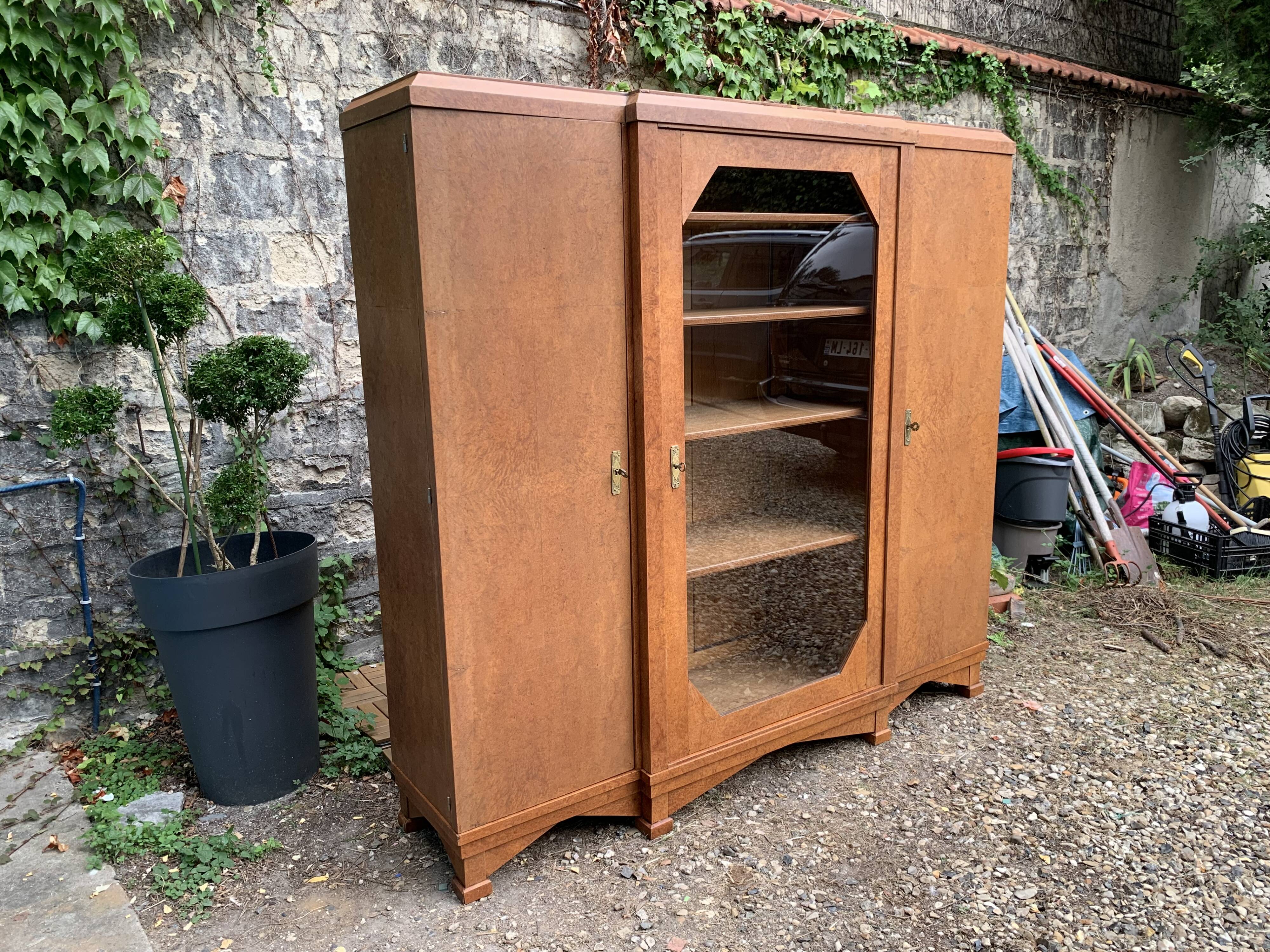 Art deco glass china cabinet in burr walnut 1930